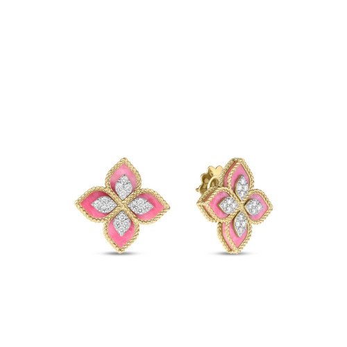 Roberto Coin 18K Yellow Gold Pink Rhodium / Round Diamond Venetian Princess Flower Earrings