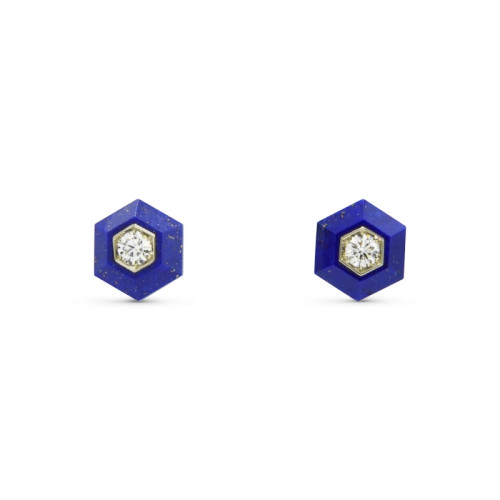 Kwiat 18K White Gold/Silver Hexagonal Lapis Diamond Stud Earrings Signed Fred Leighton