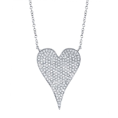 14K White Gold Amor Diamond Large Pave Heart Pendant Necklace