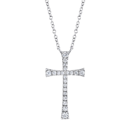 14K White Gold Diamond Cross Necklace On Cable Chain