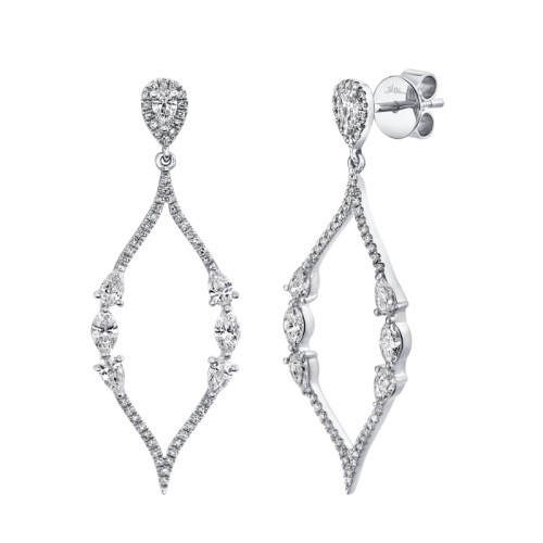 14K White Gold Pointed Frame Multi Shape Pear Marquise Round Diamond Stud Drop Earrings (Pair)
