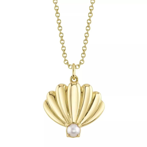 14K Yellow Gold Cultured Pearl Shell Necklace On Cable Chain