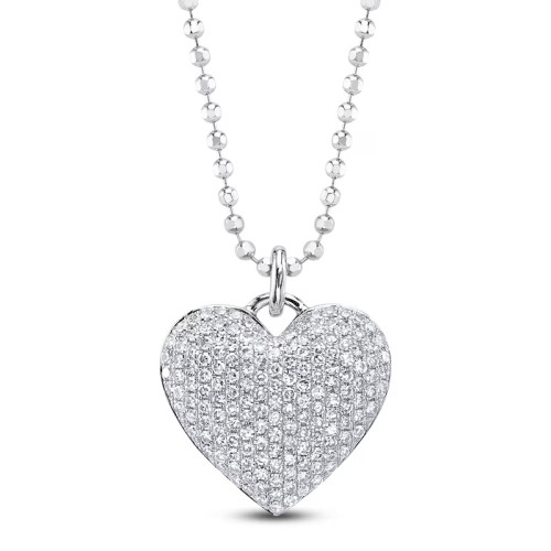 14K White Gold Diamond Pave Heart On Faceted Ball Chain Necklace