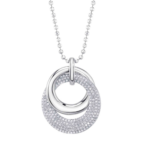 14K White Gold Diamond Pave Circle Faceted Ball Chain Pendant Necklace
