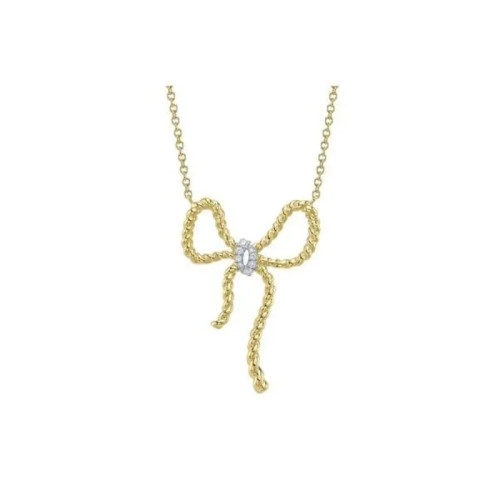 14K Yellow Gold Diamond Bow Pendant Necklace On Cable Chain