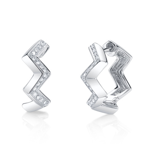14K White Gold Diamond Zig Zag Huggie Earrings (Pair)