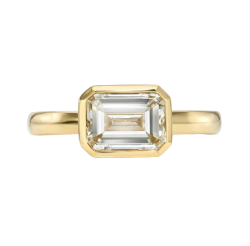 Single Stone 18kt Yellow Gold Emerald Cut Diamond Bezel Set Ring