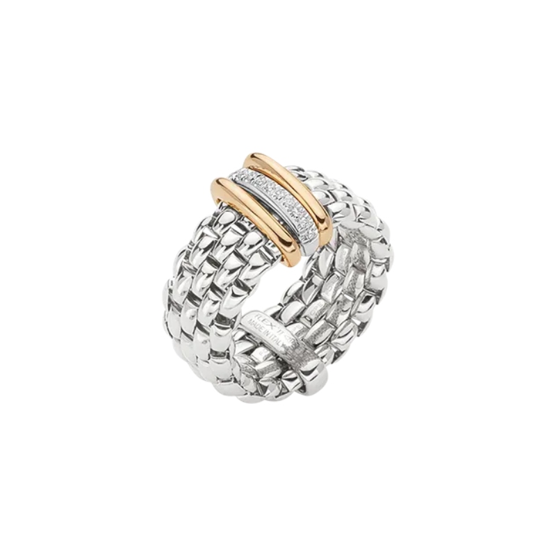 Fope 18Kt White Gold Panorama Ring With 18Kt Yellow/White Gold Rondels & 0.08Ctw Diamonds Size S