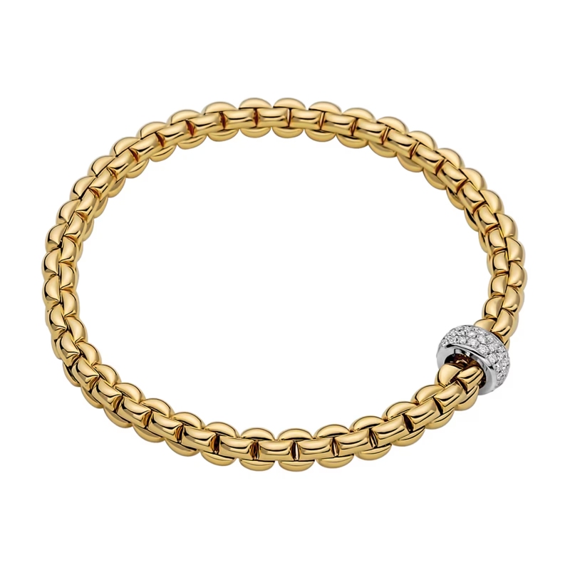 Fope 18K Yellow / White Gold 0.37Ctw Pave Diamond Rondel Flexible Bracelet Size Medium 6.69"