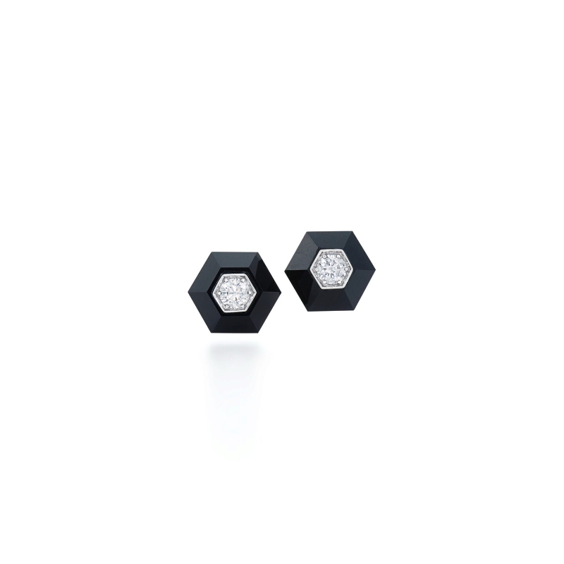 Kwiat 18Kt White Gold Black Jade & Diamond Hexagon Signed Fred Leighton Earrings (Pair)