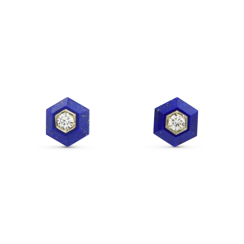 Kwiat 18K White Gold/Silver Hexagonal Lapis Diamond Stud Earrings Signed Fred Leighton