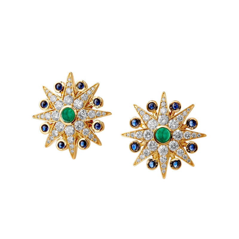 Syna 18K Yellow Gold Emerald Sapphire Diamond Starburt Earrings