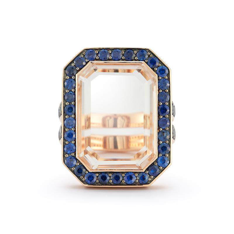 Walters Faith 18K Yellow Gold Rock Crystal / Blue Sapphire Halo Rectangular Bell Ring