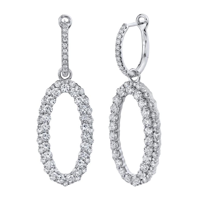 14K White Gold 3.00Ctw Diamond Pave Huggie & Oval Drop Frame Earrings (Pair)