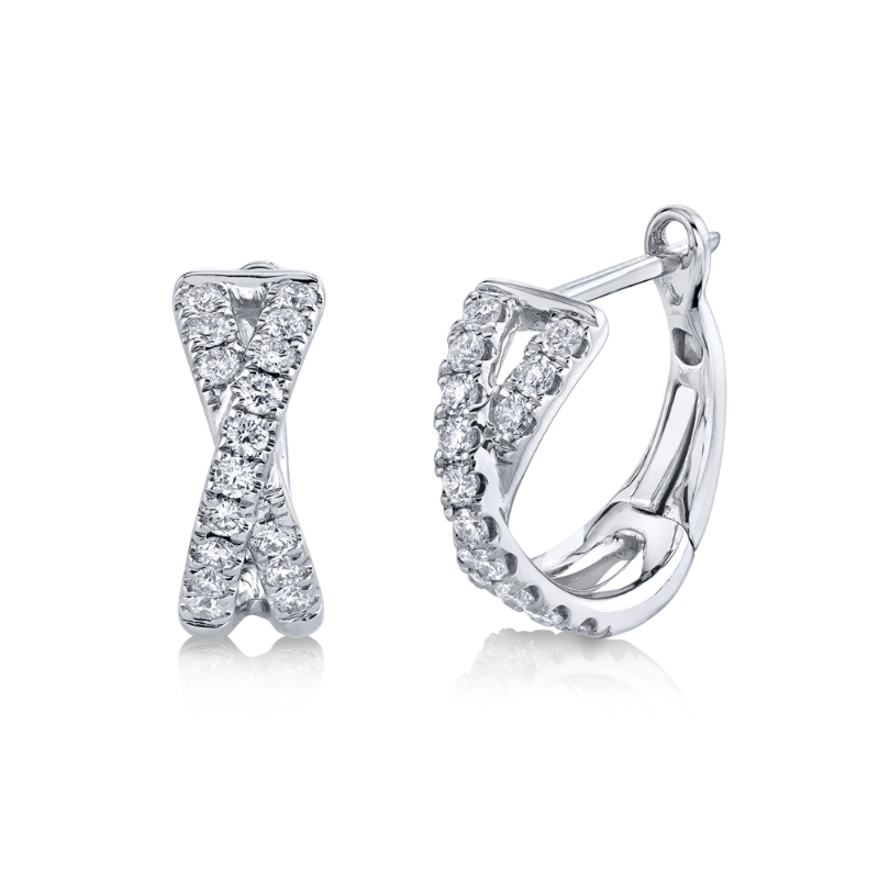 14K White Gold Diamond Criss-Cross Huggie Earrings (Pair)