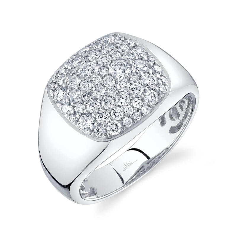 14K White Gold Round Diamond Pave Set Signet Ring