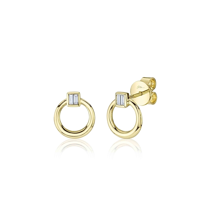 14K Yellow Gold Baguette Diamond Circle Stud Earrings (Pair)