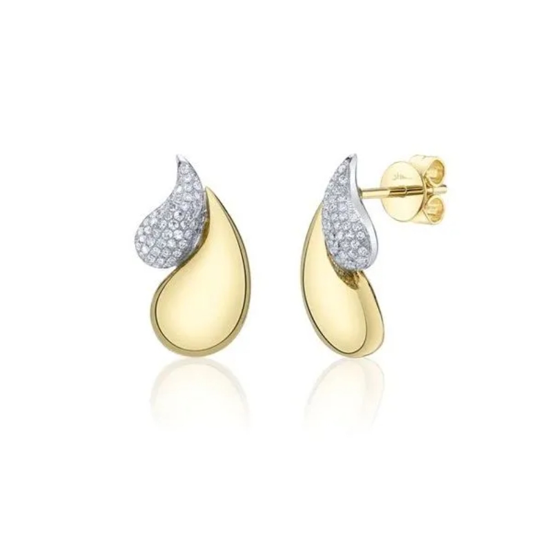 14K Yellow/White Gold Two Tone Diamond Pave Double Droplet Stud Earrings (Pair)