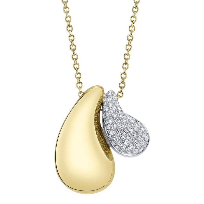 14K 2 Tone Yellow & White Gold Diamond Pave & Gold Drop Pendant Necklace On Chain