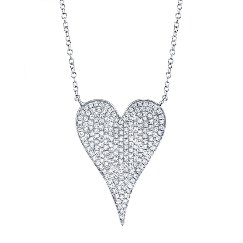 14K White Gold Amor Diamond Large Pave Heart Pendant Necklace