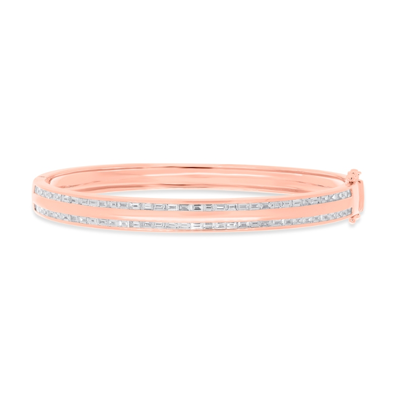 14K Rose Gold Diamond Baguette Bangle Bracelet With Bag Dias On Top And Bottom Channel Set Rows