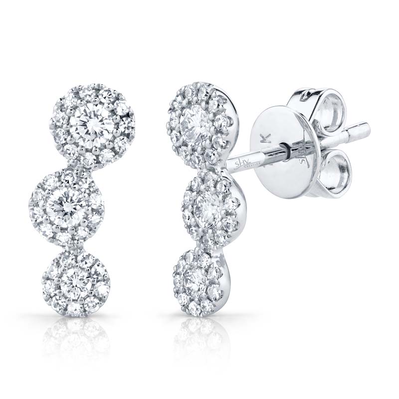 14K White Gold Diamond Triple Mini Halo Stud Earrings (Pair)