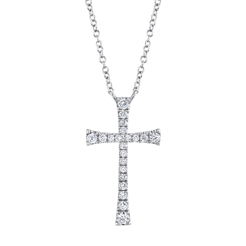 14K White Gold Diamond Cross Necklace On Cable Chain