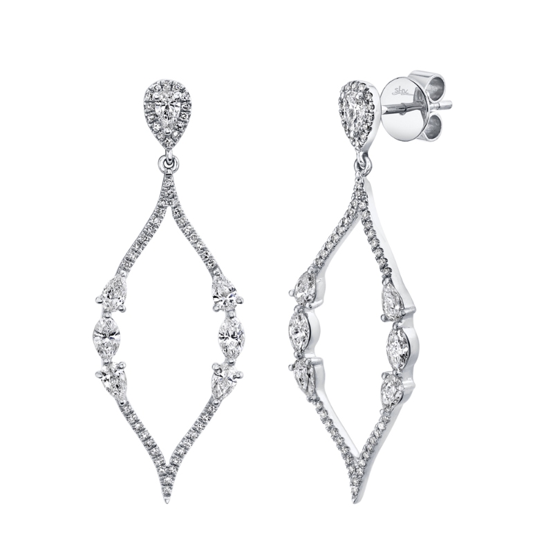 14K White Gold Pointed Frame Multi Shape Pear Marquise Round Diamond Stud Drop Earrings (Pair)