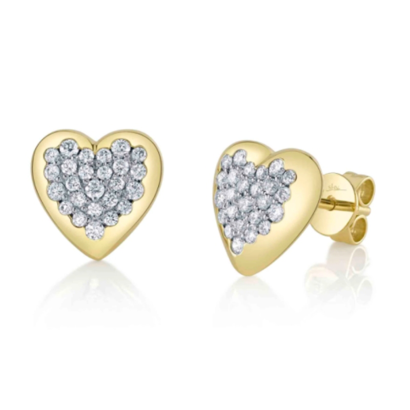 14K Yellow Gold Diamond Puffy Heart Stud Earrings (Pair)