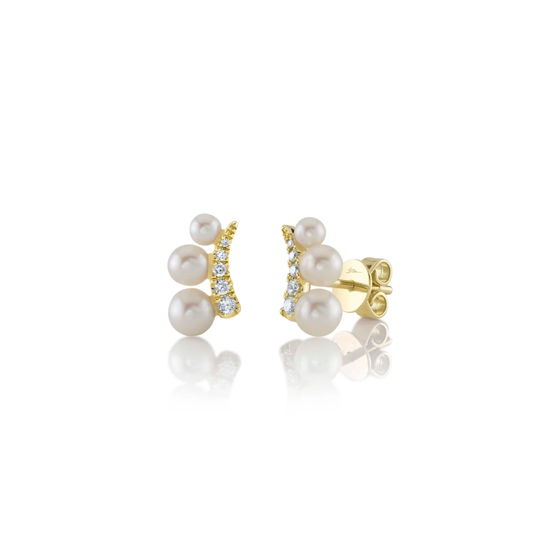 14K Yellow Gold Diamond & Cultured Pearl Stud Earrings (Pair)