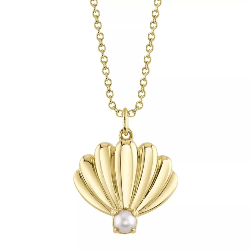 14K Yellow Gold Cultured Pearl Shell Necklace On Cable Chain
