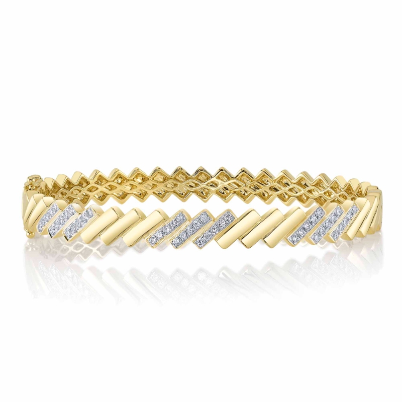 14K Yellow Gold Round Diamond Slanted Line Bangle Bracelet