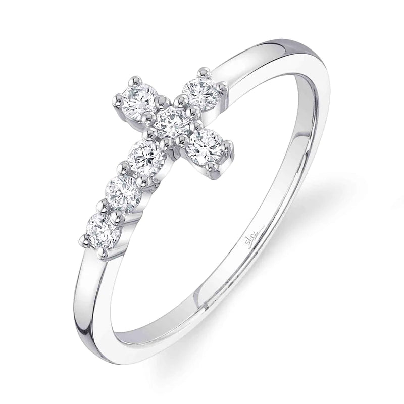 14K White Gold East/West Diamond Cross Ring