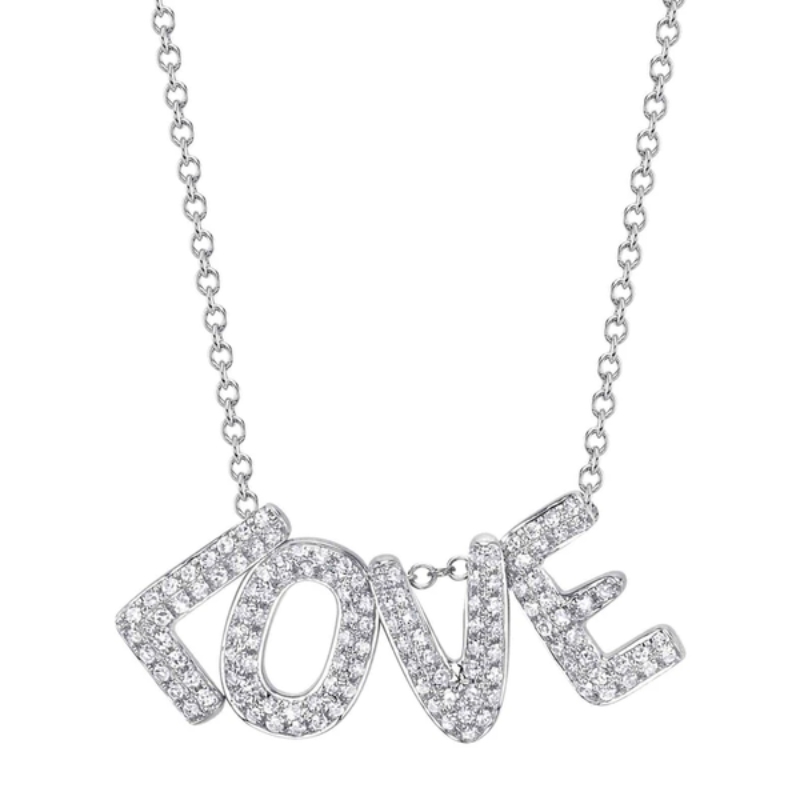 14K White Gold Diamond "Love" Necklace On Cable Chain