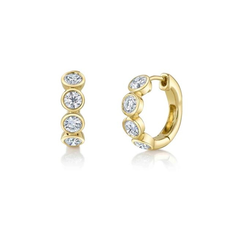 14K Yellow Gold 8 Round Diamond Bezel Set Huggie Hoop Earrings (Pair)
