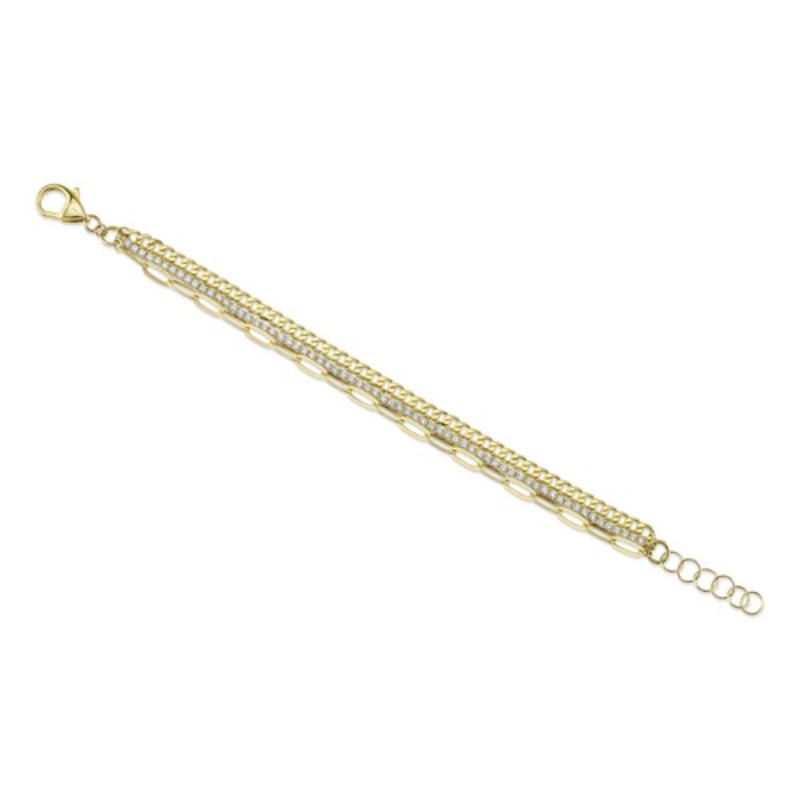 14K Yellow Gold 3 Layer Bracelet W/ Diamond Tennis & Paperclip & Curb Bracelets Attached Together