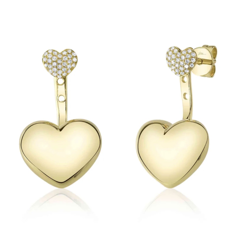 14K Yellow Gold Diamond Pave Puffy Heart Earrings Studs Convertible To Drops D=0.14Ctw (Pair)