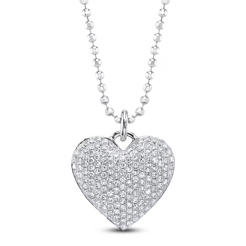 14K White Gold Diamond Pave Heart On Faceted Ball Chain Necklace