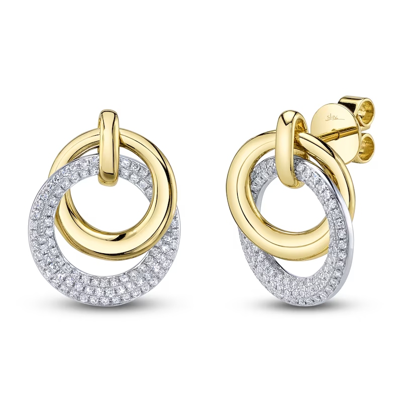 14K Two Tone White / Yellow Gold Diamond Pave Circle Earrings (Pair)