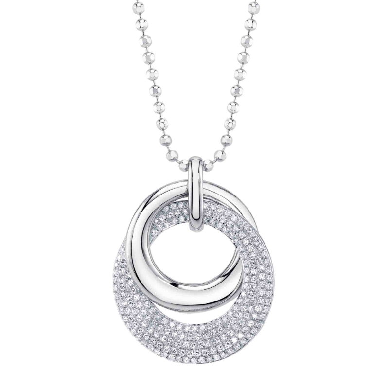 14K White Gold Diamond Pave Circle Faceted Ball Chain Pendant Necklace