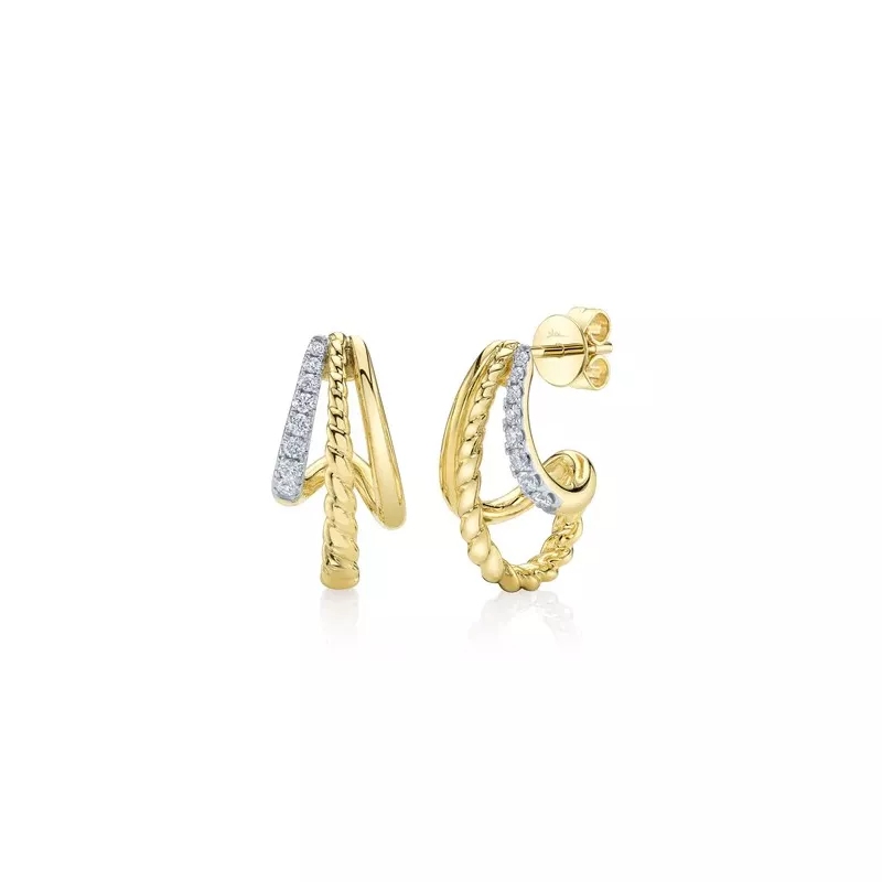 14K Yellow Gold Diamond Triple Loop Earrings Pave/Twist/Smooth (Pair)