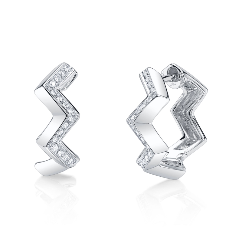14K White Gold Diamond Zig Zag Huggie Earrings (Pair)