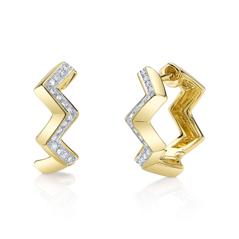 14K Yellow Gold Diamond Zig Zag Huggie Earrings (Pair)