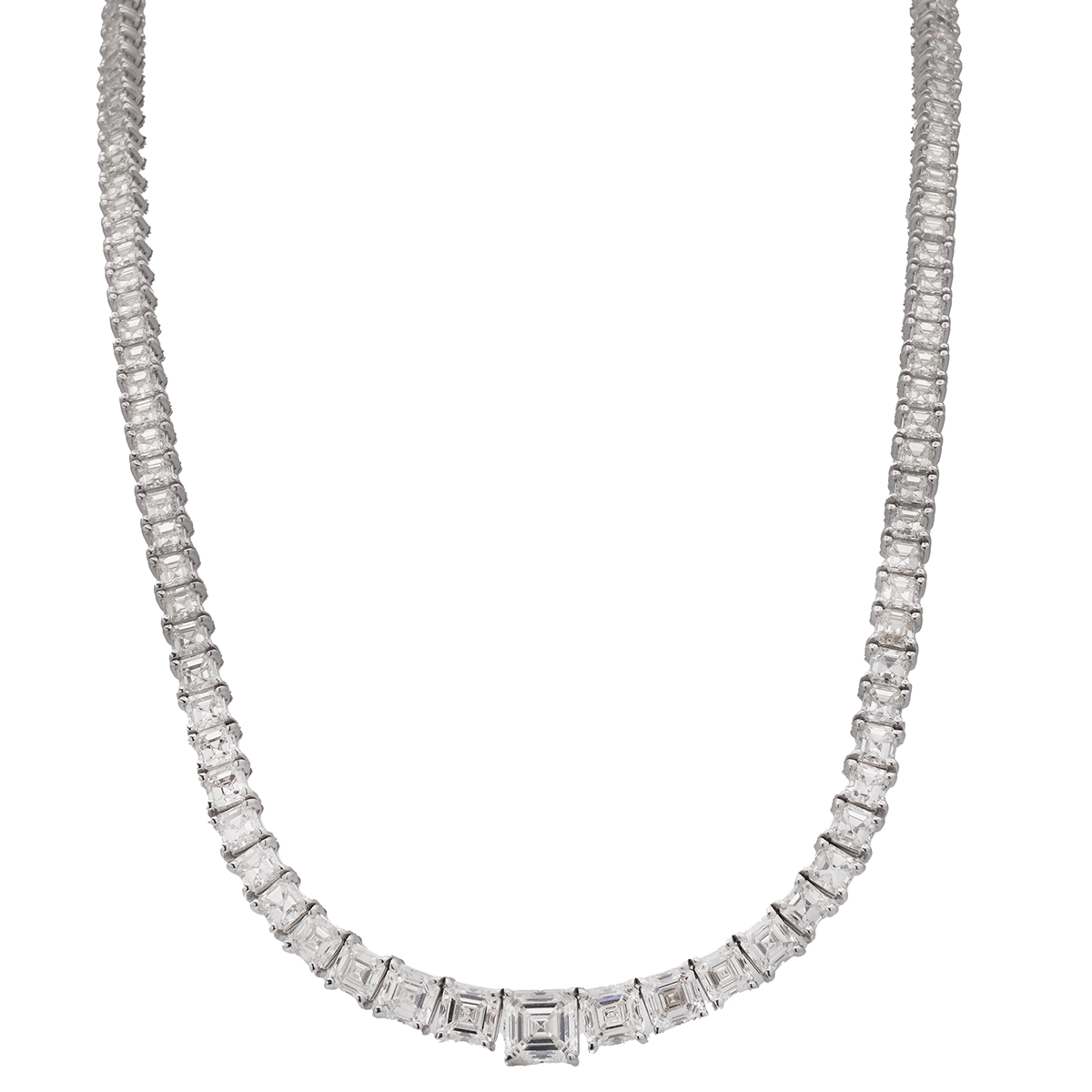 18k White Gold 27.25ctw 112 Hi Vs Assher Cut Diamonds (1.72ct Center)  Graduated Riviera Necklace 16"