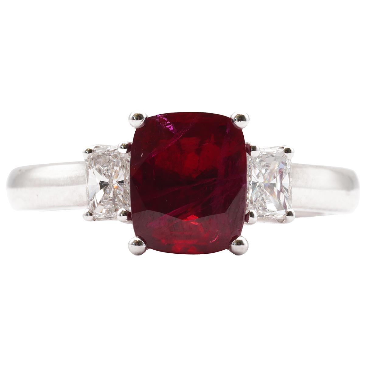 Korman Signature Platinum Cushion Burma Pigeon No Heat Ruby and Diamond Three Stone Ring