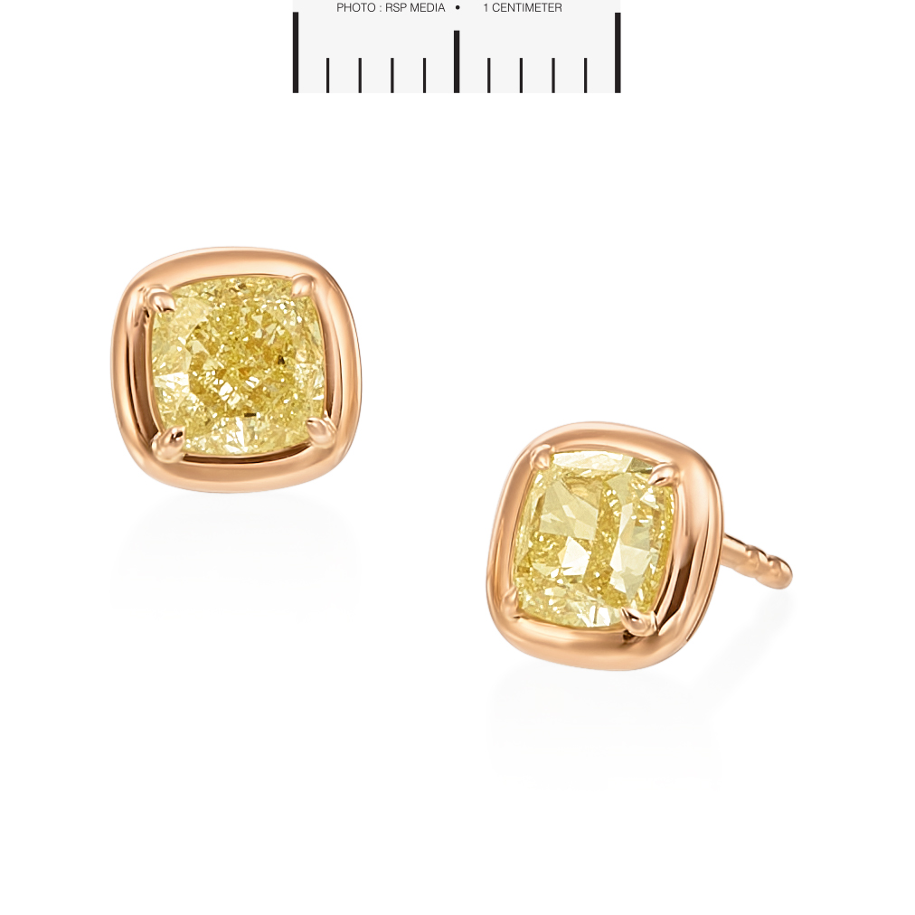 Hans D Krieger Cushion Cut Fancy Yellow Diamond Bezel Set Stud Earrings