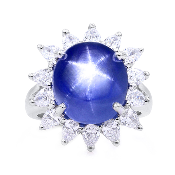 Oscar Heyman Platinum  Cabochon Star Sapphire Oval and Diamond Halo Ring