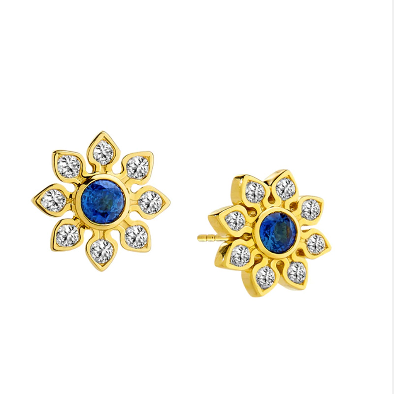 Syna 18kt Yellow Gold Diamond and Sapphire Mogul Flower Earrings