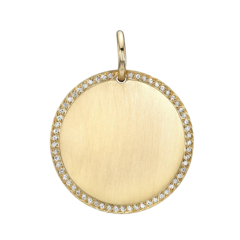 Single Stone 18kt Yellow Gold Pave Frame Round Disc Pendant