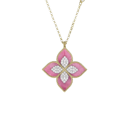 Roberto Coin 18kt Yellow Gold Diamond and Rhodonite Venetian Princess Flower Pendant Necklace